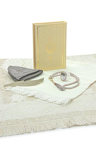 ihvan online Muslim Prayer Rug Set, Islamic Dowry Gift Box for Men & Women, Shawl, Kufi Hat, Digital Beads Counter, Quran Gift, Elegant Islamic Gifts Set for Ramadan & Eid & Wedding, Gold - color: Gold