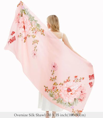 Women Silk Scarves Long Satin Lightweight Outdoor Shawl Wraps Printed Head Scarf 70''X35'' - color: 101-pink