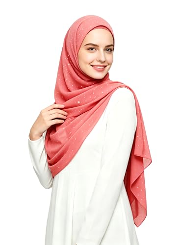 Lina & Lily Sparkle Shimmer Gold Glitter Women's Chiffon Hijab Head Scarf Shawl Wrap Lightweight - color: Coral