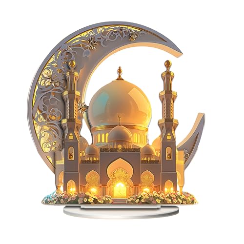 Ramadan Decorations for Home, Ramadan Gifts for Kids, Table Decor, 2D Spray Painted Acrylic Decorative Plaque Crescent and Palace (Desktop Decor-G) - color: Desktop Decor - Golden