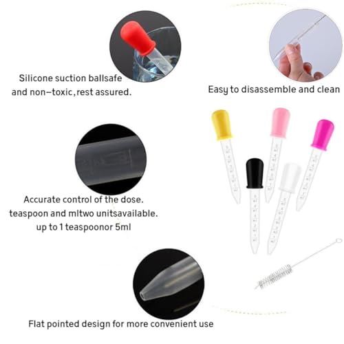 11 Colors Liquid Droppers, 5ml Clear Plastic & Silicone Pipettes | with Bulb Tip, Eye Droppers for Candy Molds, Feeding, DIY Crafts, Comes with Cleaning Brush