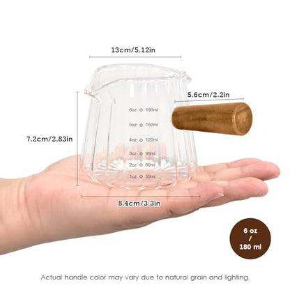 Adorever Espresso Cups 6 OZ, Double Spout Espresso Shot Glass with Wooden Handle, Clear Glass Measuring Cup for Espresso Shots & Milk, Espresso Accessories for Coffee Machine