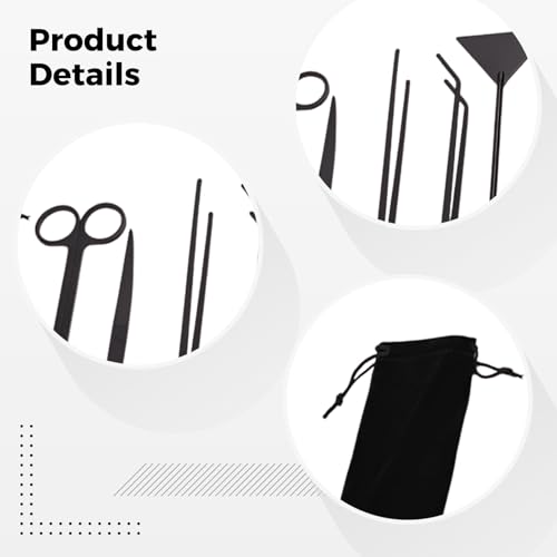 5 Pcs Aquarium Tools Kit, Black Stainless Steel Aquatic Plants Tools for Aquascaping, Flat Sand Shovel, Straight and Curved Tweezers, Scissors, Drawstring Bag Included