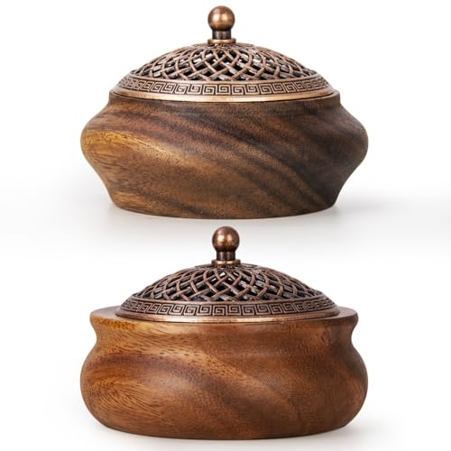 2 Pack Incense Cone Holder, Retro Wooden Cone Incense Burner Holder with Brass Cover, Vintage Bakhoor Burner for Sticks Coil, Frankincense Room Home Decor Yoga Spa Meditation (P) - color: P