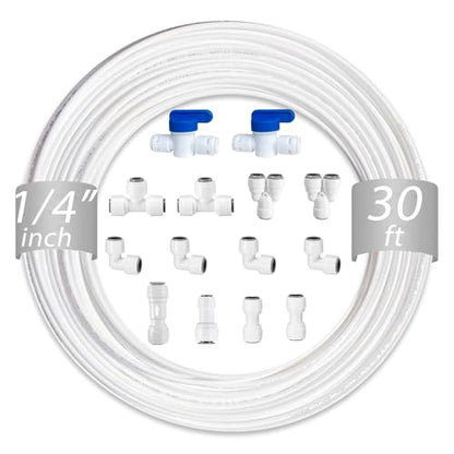 NSF 1/4" inch Water Line Tubing and Push to Connect Fittings for Reverse Osmosis Water Filter RO fittings,14 pcs connetors+30 feet 1/4" O.D. (6.4mm) water tubing. - style: 1/4"(14pcs+30feet)
