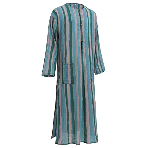 IDOPIP Men's Muslim Thobe Long Sleeve Striped Robe Gown Arab Islamic Kaftan Abayas Dress Middle East Dubai Ramadan Clothing - color: Green, size: X-Large