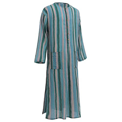 IDOPIP Men's Muslim Thobe Long Sleeve Striped Robe Gown Arab Islamic Kaftan Abayas Dress Middle East Dubai Ramadan Clothing - color: Green, size: X-Large