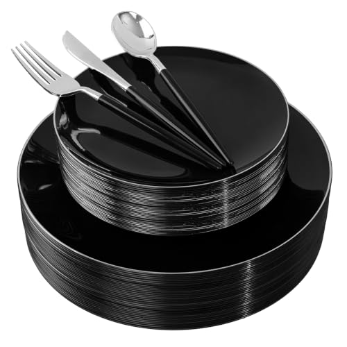 DaYammi 30 Guests Black Plastic Plates with Disposable Silverware,Silver Cutlery with Black Handle,Silver Disposable Dinnerware:60 Dinner/Dessert Plates,90 Plastic Silverware Set for Party Wedding - color: Black/Silver