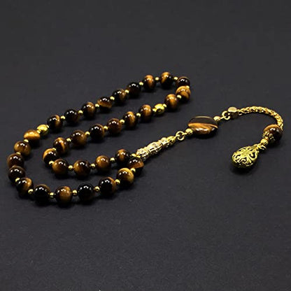 Design -Tiger Eye Stone Series Worry Beads - Prayer Beads (8 mm-33 Beads) Tesbih-Tasbih-Tasbeeh-Misbaha-Masbaha-Subha-Sebha-Sibha-Rosary (Orient Gold Tassel and Tiger Eye Bracelet) - color: Orient Gold Tassel and Tiger Eye Bracelet