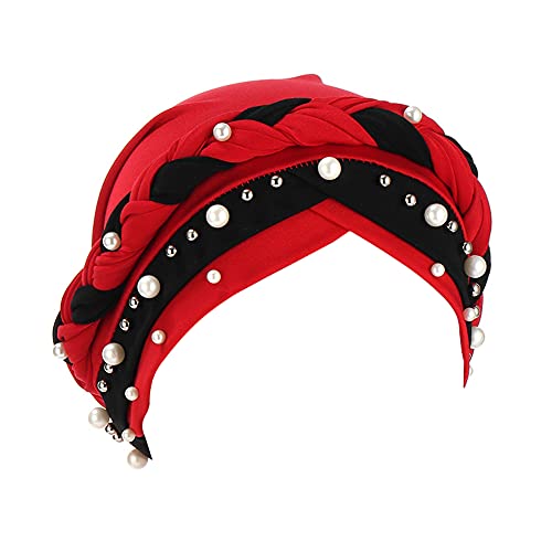 Fxhixiy Women Chemo Beanie Beaded Pearl Braid Turban Headwear for Hair Loss - color: Red Black