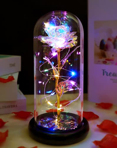 Fvawe Birthday Gifts for Women,Rose Glass Flowers Gifts for Mom,Galaxy Crystal Light Up Rose in A Glass Dome,Presents Girlfriend Wife Sister Grandma Her Anniversary Valentines Mothers Day - color: Gold Colorful
