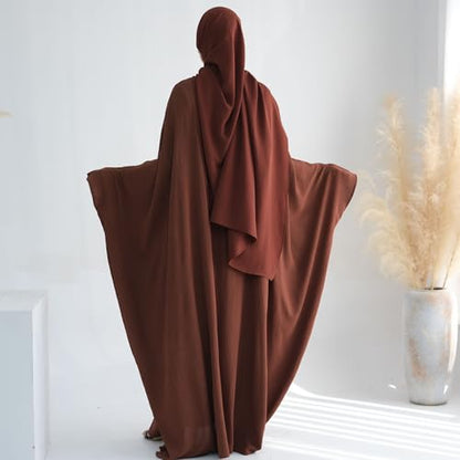 Women Muslim Abaya Dress 1Piece Bat Sleeve Islamic Maxi Robe Fashion Jilbab for Women Eid Kaftan Muslim Robe - color: Browna, size: Medium