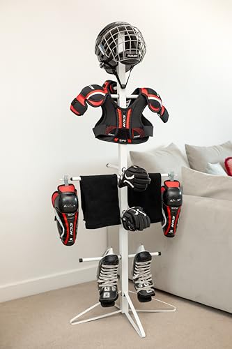 Ceaz Hockey Gear Drying Rack - Metal Tree Dryer Stand for Hockey Equipment - Organizer to Dry and Store Sports Gear - Includes Skate Sharpening Tool and 6 Hanging Clips