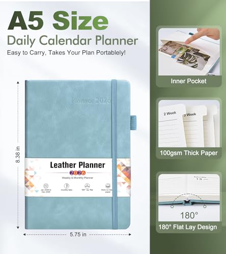 2026 Weekly & Monthly Planner, 12 Months Hardcover Planner from January 2026 - December 2026, Leather Agenda Organizer Book 2026 with Tabs, Daily Calendar Planners for Work School Home, A5 (5.75" x 8.38"), Blue - color: Blue