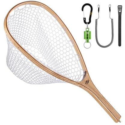 SF Fly Fishing Landing Net Soft Rubber Mesh Trout Net Catch and Release Net - style: Round Head Combo-elm Wood C
