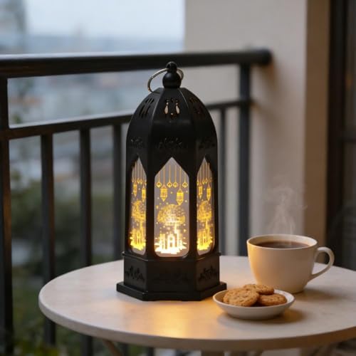 2026 Ramadan Lantern Led Gold Moon Star Castle Night Lights for Home Eid Mubarak Centerpieces Decorations Gifts Islam Muslim Festival Party Table Wall Decoration (Black)