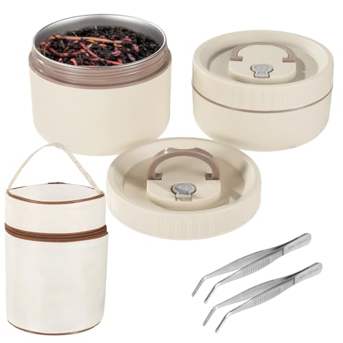 2 Pcs Fishing Bait Containers, Insulated Stainless Steel Worm Storage Box Set with Carrying Bag & Tweezers, Small (14.8 oz) & Large (22.3 oz) for Outdoor Fishing