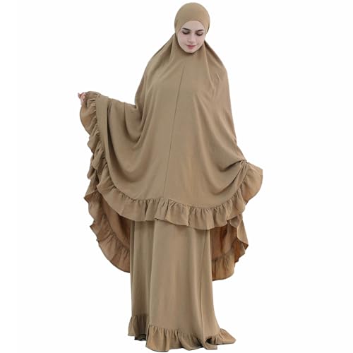 2PCS Women Muslim Prayer Abaya Dress Ruffle Trim Side Pockets with Khimar - color: Khaki, size: Large