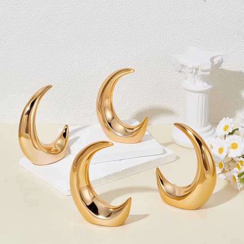 ORIGACH 4 Pcs Gold Moon Statue Decor Small Ceramic Crescent Moon Figurines