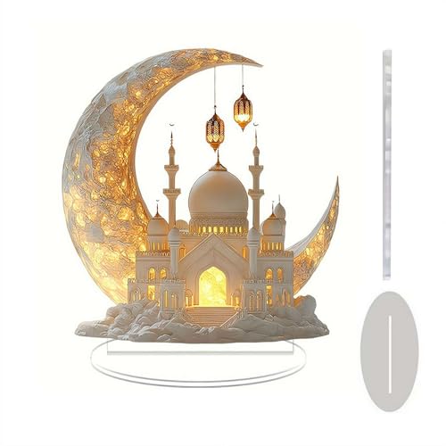 Ramadan Decorations Moon Lamp - 20×17.4cm Acrylic Ramadan Lights Decor for Table & Home, Enchanted Lunar Table Lamp, Ramadans Eid Gifts for Kids Lanterns, Eid Mubarak Decorations (D)