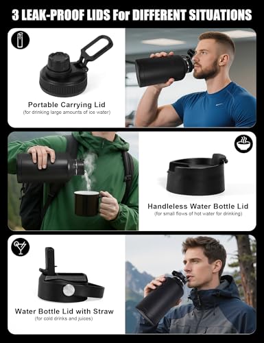 Tactical Half Gallon Water Bottle with Straw, 64 Oz Insulated Water Jug with Molle Water Bottle Holder, Stainless Steel Sport Bottle with 3 BPA Free Lids for Gym Workout Hiking (64oz-Black) - color: 64oz-Black