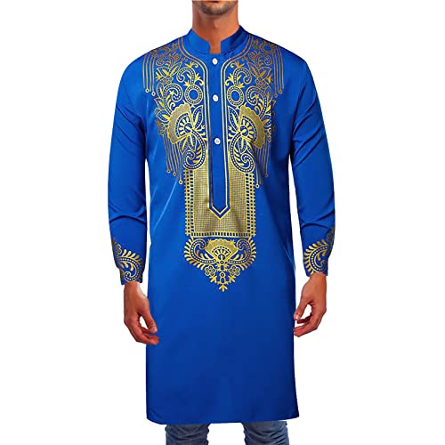 Kurta for Men Muslim Kaftan Button Up Henley Shirts Casual Ethnic Printed Long Sleeve Thobe Caftans Robes - color: Blue, size: Large