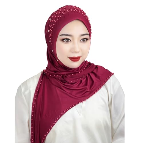 Suillty Women's Pearls Muslim Islam Instant Hijab Scarf Soft Turkish Headwear Jersey Headscarf Shawl Wrap - color: Red
