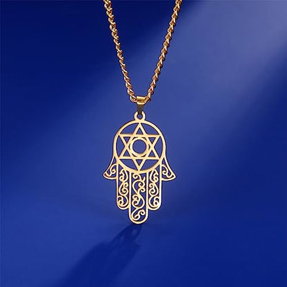 Hamsa Hand of Fatima Hexagram Necklace Star of David Evil Eye Pendant Jewish Female Protection Amulet Symbol Jewelry Women Men - color: gold