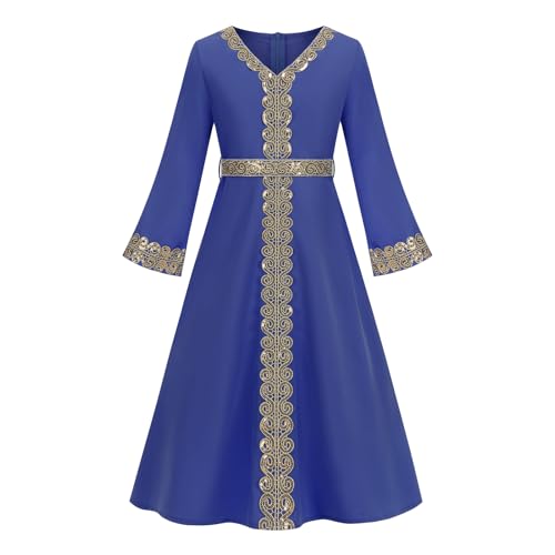 OBEEII Girls Muslim Abaya Ramadan Long Bell Sleeve V Neck Sequins Church Prayer Dress with Belt Islamic Eid Robe Kaftan - color: Royal Blue-sequins, size: 12-13 Years