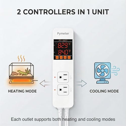Digital Temperature Controller Dual Probe Reptile Thermostat Controlled Outlet for Terrarium Heat Mat Heating Pad, Switch Cooling Fan Freezer Fridge ON & Off at Setpoints 10A 1200W