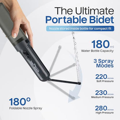 BIDET BUDDY® GoFlow Portable Bidet for Travel - 180ml Bottle with Two Power Modes, Nozzle Wand, IPX6 Waterproof, USB C Charging, 800mAh Rechargeable Battery, Medium Pressure - style: 180ML