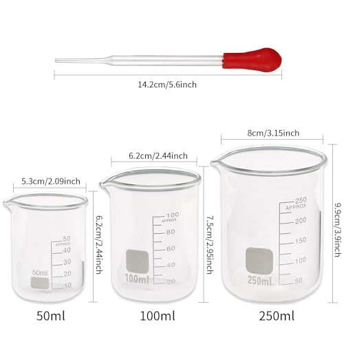 Glass Graduated Cylinder and Beaker Set 9 Pieces with Droppers | 4 Cylinders in 10 25 50 and 100ml, 3 Beakers in 50 100 and 250ml, 2 Droppers, for Lab Measuring and Experiments
