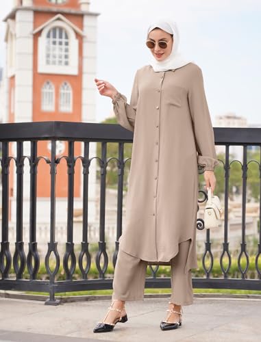 Muslim Clothes for Women 2 Piece Set Long Sleeve Button Down Shirt and Pants Ramadan Abaya Dress Islamic Dubai Outfits - color: Khaki, size: Small