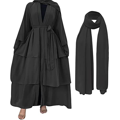 Abayas for Women Muslim Dubai Dress Solid Loose Fit Long Cardigan Islamic Kaftan Robe Open Front Maxi Length - color: #A: Black, size: Small