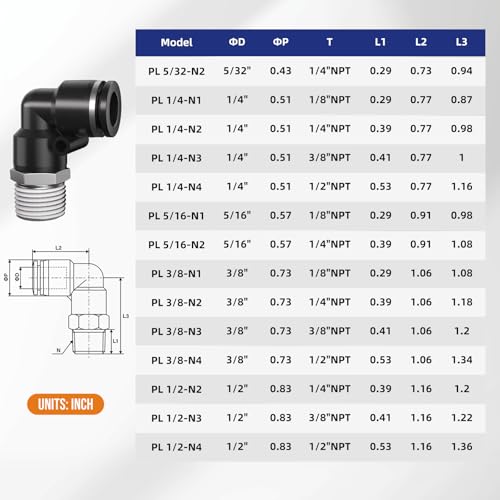 1/4" Tube OD to 3/8" NPT Thread Push to Connect Fittings,Pneumatic Quick Air Hose Fittings,Male Elbow,PL-1/4-N3(12pcs) - color: Black PL, size: 1/4"OD x 3/8"NPT