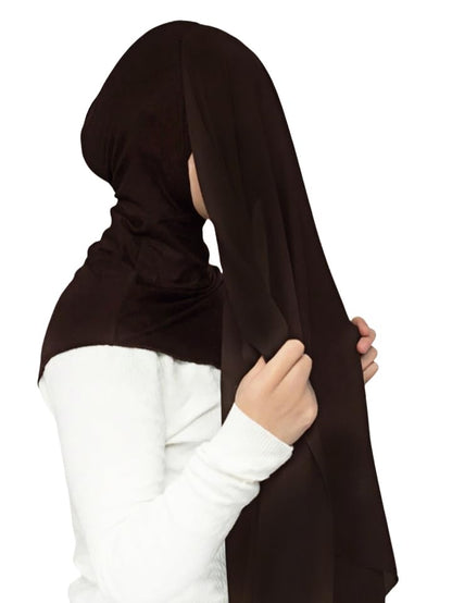 Lina & Lily Flowy Chiffon Instant Hijab Scarf Attached Jersey Ninja Undercap Full Coverage for Muslim Women - color: Dark Brown