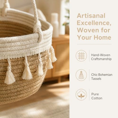 Hanging Basket, Over Door Organizer, 3 -Tier Wall Basket with Hooks | Woven Cotton Basket, Adjustable Hanging Baskets for Organizing, No Drilling for Farmhouse, Boho Home and Nursery Decor - style: Tassel