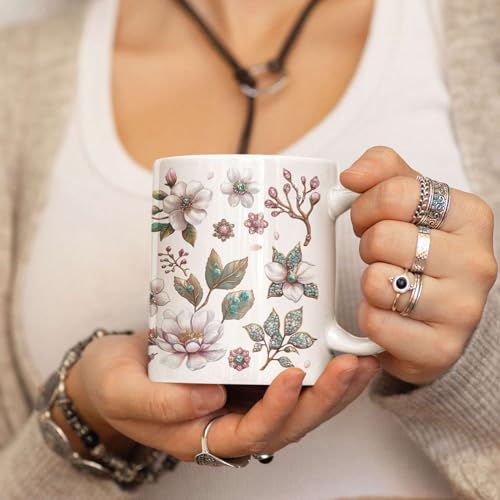Personalized Sparkling Cherry Blossom Coffee Mug, National Cherry Blossom Festival Inspired Cup, Custom Name Ceramic Cup 11oz 15oz, Customized Elegant Floral Full Wrap White Mug - color: XUA-1124-3658-Cherry Blossom Festival