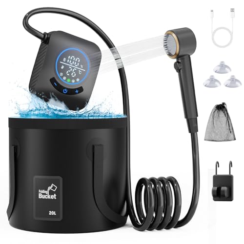 GOSCHE Portable Camping Shower, 8000mAh Rechargeable Outdoor Shower Pump with 20L Collapsible Bucket, Intelligent LED Display, IPX8 Waterproof Pump for RV, Travel, Hiking, Pet Bath, Beach