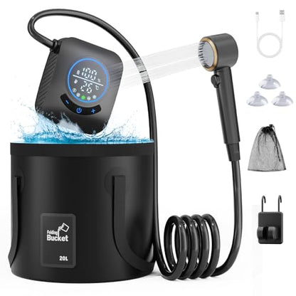 GOSCHE Portable Camping Shower, 8000mAh Rechargeable Outdoor Shower Pump with 20L Collapsible Bucket, Intelligent LED Display, IPX8 Waterproof Pump for RV, Travel, Hiking, Pet Bath, Beach