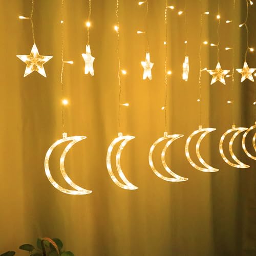 LED Star Moon Curtain String Lights 115 LED Ramadan Lights Window String Lights 8 Lighting Modes USB Powered Memory 6 Hours Timer Hanging Decoration for Ramadan Christmas Wall Lawn Party Patio Home