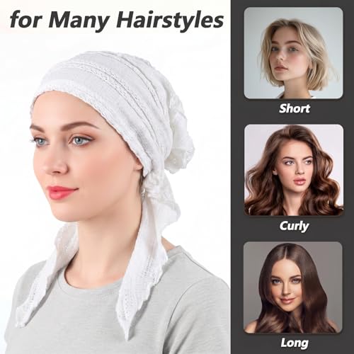 Women Slip-On Pre-Tied Beanie Headwear, Turban Covering Wrap Beanie Caps Headscarf, Stretchy Elastic Band Headwrap - color: White
