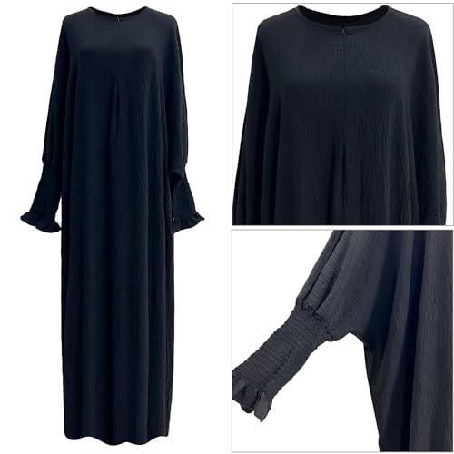 khalat Womens Muslim Prayer Dress Front Zipper Kaftan Islamic Robe Modest Solid Abayas for Women Muslim - color: Black