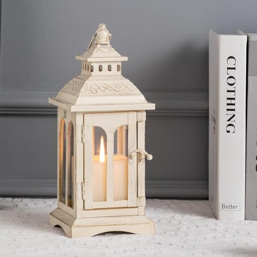 Lanterns Decorative Indoor & Outdoor, Medium Hanging Home Decor, Vintage Metal Decorative Candle Lanterns for Outdoor Patio Wedding Party Beige with Copper Brush - color: Beige |||