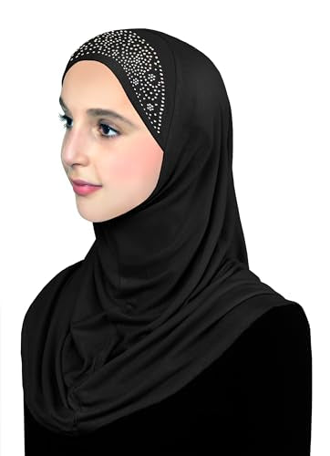 Aiyah Hijab for Girl's 1 piece Elastane-Spandex Amira Head Scarf with Rhinestones Easy Pull-on Headscarf - color: Large - Black, size: Large