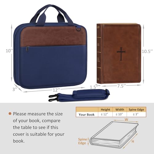 FINPAC Large Bible Cover, Carrying Book Case Church Bag Bible Protective with Zippered Pocket and Handle, Gift for Men Women - color: Navy & Brown
