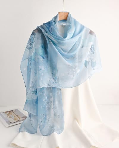 100% Mulberry Silk Scarf for Women, 69'' x 43'' Lightweight Large Silk Chiffon Shawl Wraps Floral Neck Scarf Gift - color: Blue Rose