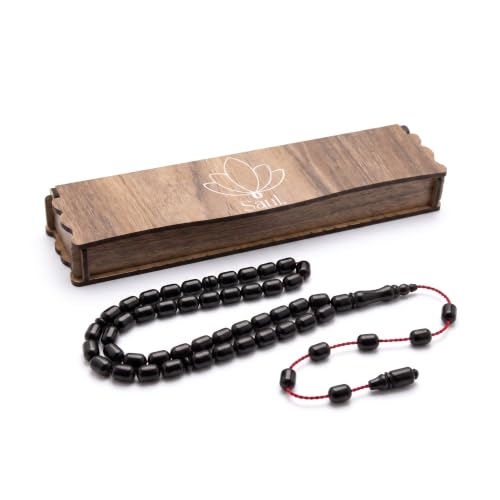 Saul Handmade 33 Beads Tasbih, Amber Phenolic Resin Islamic Prayer Beads with System Tassel, Pointed Capsule Cut Misbaha in Wooden Gift Box - color: Jet Black