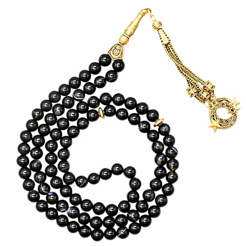 Amazing Gemstone Crystal Tasbeeh with Moon and Star Charm - Certified Crystal Muslim Prayer Beads Natural Gemstone Tasbih Gift for Ramadan Dhikr and Daily Namaz (G) - color: Black Banded Agate