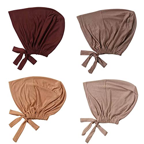 4 Pcs Women Hijab Undercap Islamic Muslim Inner Beanies Cap with Tie Back Closure, Adjustable Underscarf Hat Chemo Turban Cap(Color#2)